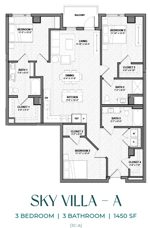 Floor plan for 3 beds, 3 baths, 1450 sqft