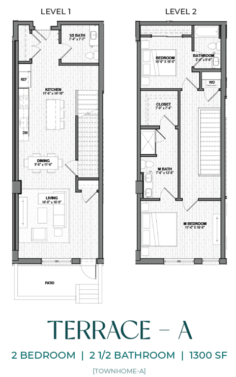 Floor plan for 2 beds, 2.5 baths, 1300 sqft