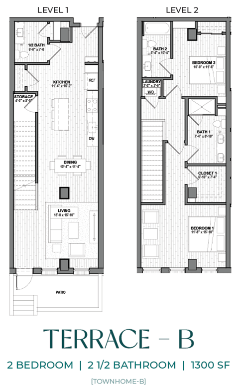 Floor plan for 2 beds, 2.5 baths, 1300 sqft