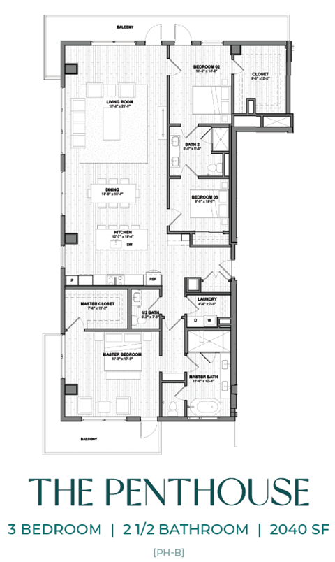 Floor plan for 3 beds, 2.5 baths, 2040 sqft