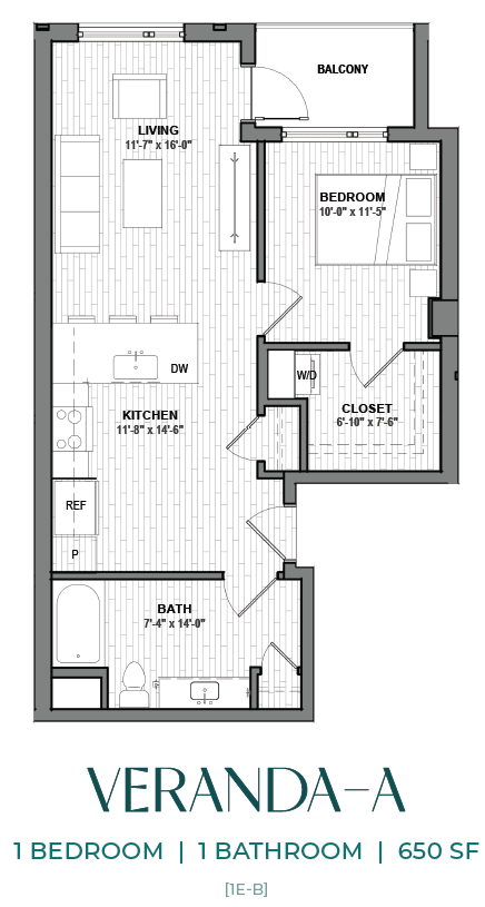 Floor plan for 1 bed, 1 bath, 650 sqft