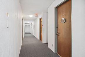 Abbotsford apartment for rent - A hallway with a brown door on the right and a grey carpet.