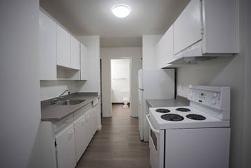 Surrey apartment for rent - A white kitchen with a stove and sink.