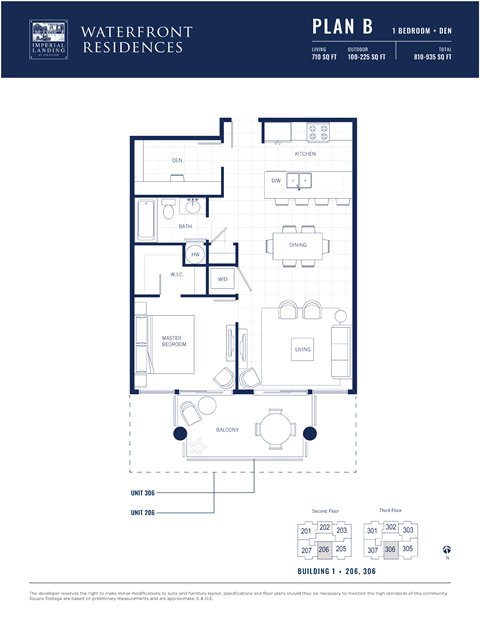 Floor plan for 1 bed, 1 bath, 710 sqft
