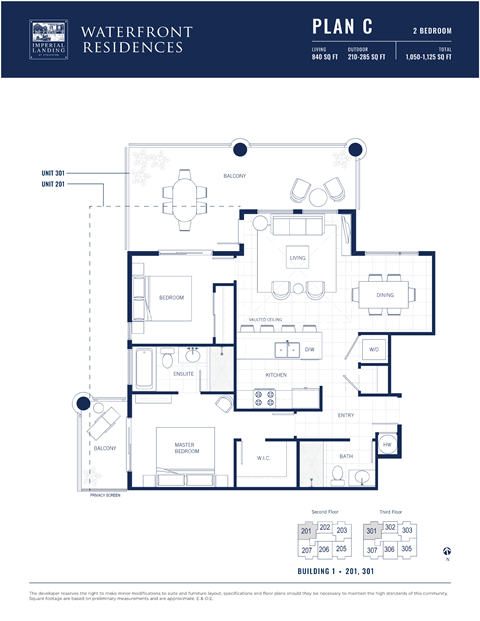 Floor plan for 2 beds, 2 baths, 840 sqft