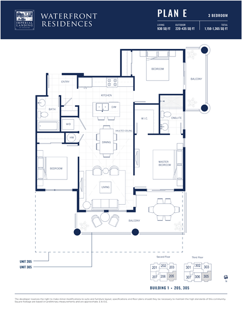 Floor plan for 3 beds, 2 baths, 929 sqft