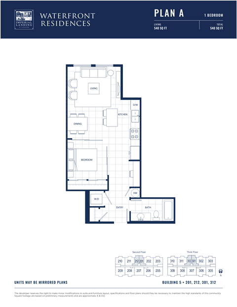 Floor plan for 1 bed, 1 bath, 540 sqft