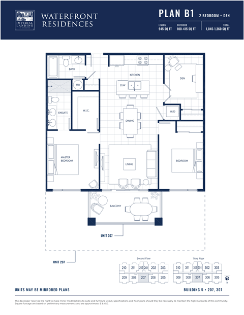 Floor plan for 2 beds, 2 baths, 945 sqft