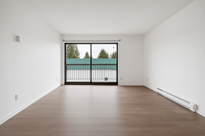 Abbotsford apartment for rent - A room with a wooden floor and a large window with a view of trees.