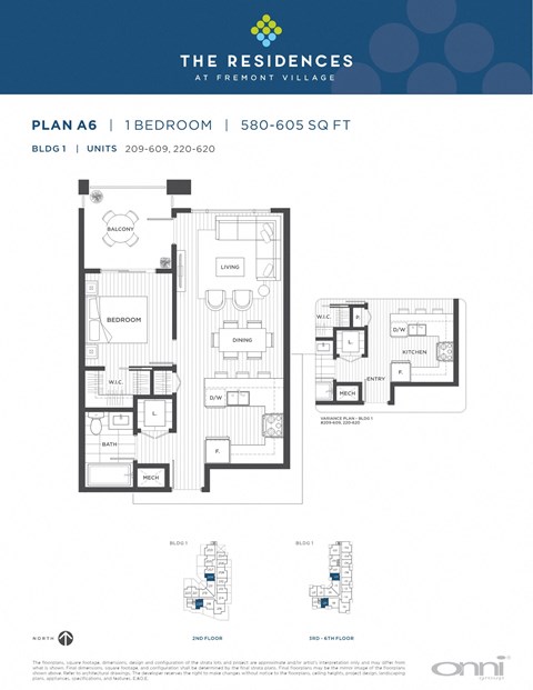 Floor plan for 1 bed, 1 bath, 607 sqft