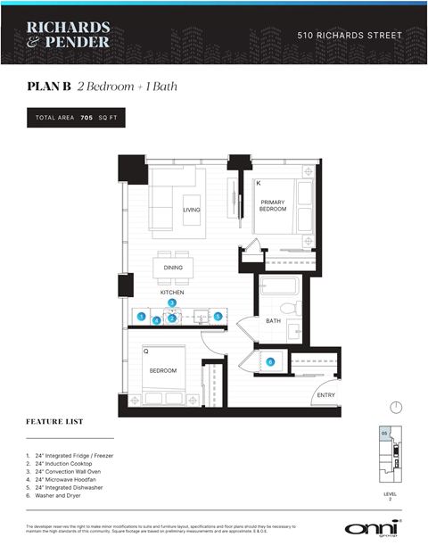 Floor plan for 2 beds, 2 baths, 705 sqft