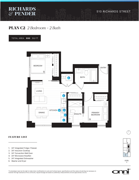 Floor plan for 2 beds, 2 baths, 690 sqft