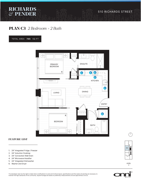 Floor plan for 2 beds, 2 baths, 745 sqft