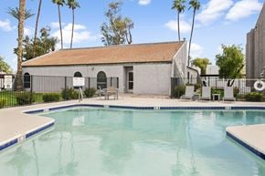 Mesa apartment for rent - A pool with a building behind it. at Central on Broadway Apartments, Mesa, 85202
