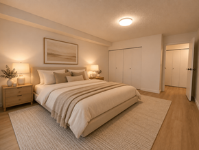 Surrey apartment for rent - A bedroom with a large bed, two lamps, and a painting on the wall.