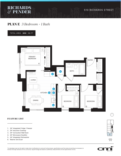 Floor plan for 3 beds, 1 bath, 796 sqft