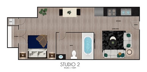 Floor plan for studio, 1 bath, 385 sqft
