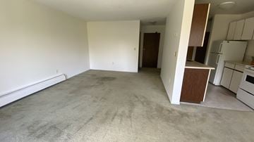 Surrey apartment for rent - A spacious living room with a carpeted floor and a kitchen area in the background.