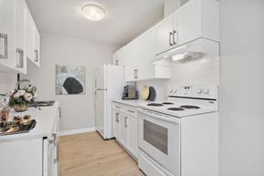 Coquitlam apartment for rent - A white kitchen with a stove, refrigerator, and oven.