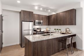 New Westminster apartment for rent - A kitchen with a refrigerator, microwave, sink, and countertop.