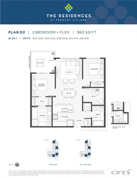Floor plan for 2 beds, 2 baths, 960 sqft
