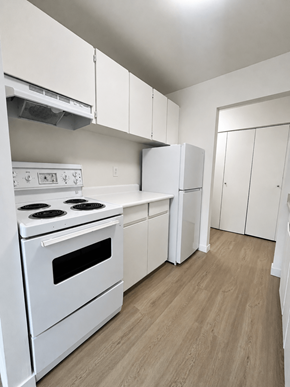 Surrey apartment for rent - A white kitchen with a stove and cabinets.