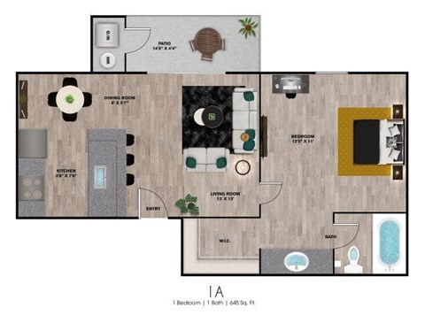 Floor plan for 1 bed, 1 bath, 645 sqft