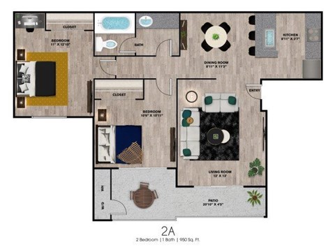 Floor plan for 2 beds, 1 bath, 950 sqft