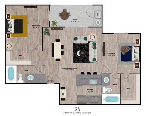 Floor plan for 2 beds, 2 baths, 1003 sqft