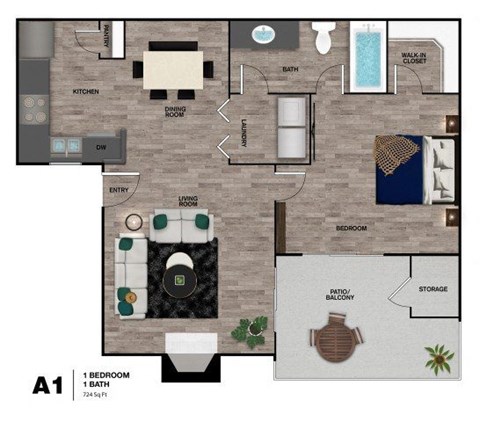Floor plan for 1 bed, 1 bath, 724 sqft
