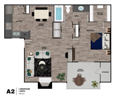 Floor plan for 1 bed, 1 bath, 780 sqft