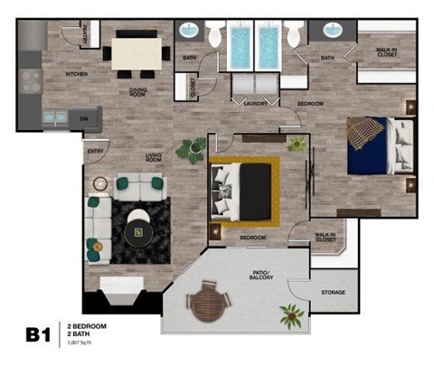 Floor plan for 2 beds, 2 baths, 1007 sqft