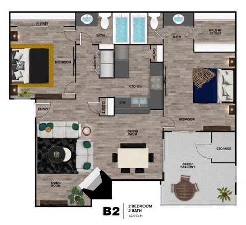 Floor plan for 2 beds, 2 baths, 1020 sqft
