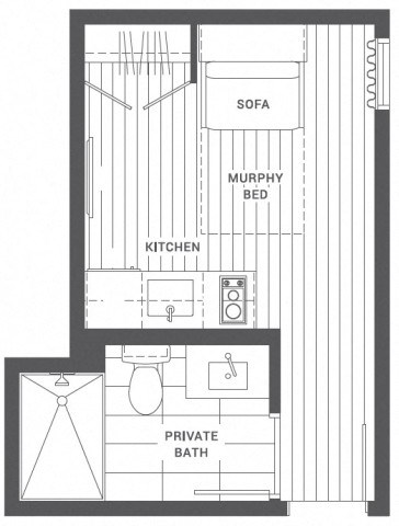 Floor plan for studio, 1 bath, 190 sqft