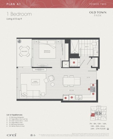Floor plan for 1 bed, 1 bath, 615 sqft