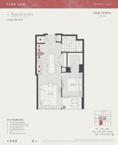Floor plan for 1 bed, 1 bath, 650 sqft