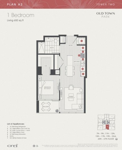Floor plan for 1 bed, 1 bath, 650 sqft