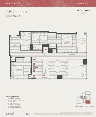 Floor plan for 2 beds, 2 baths, 1025 sqft