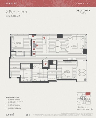 Floor plan for 2 beds, 2 baths, 1020 sqft