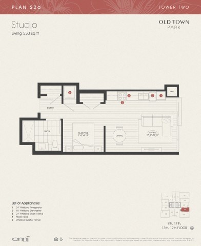 Floor plan for studio, 1 bath, 550 sqft