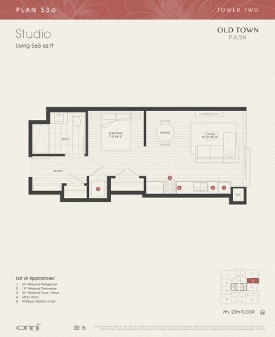 Floor plan for studio, 1 bath, 565 sqft