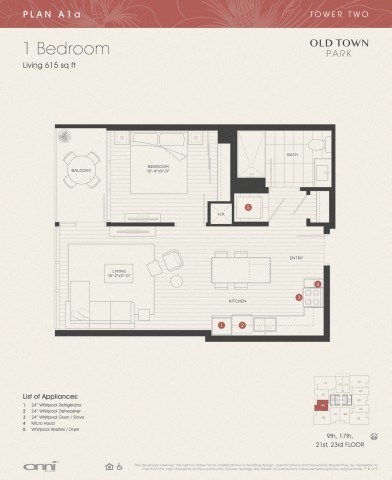 Floor plan for 1 bed, 1 bath, 615 sqft