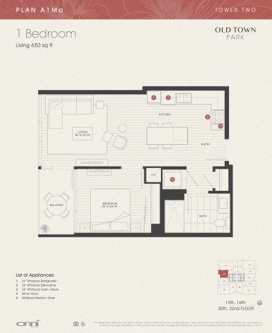 Floor plan for 1 bed, 1 bath, 650 sqft