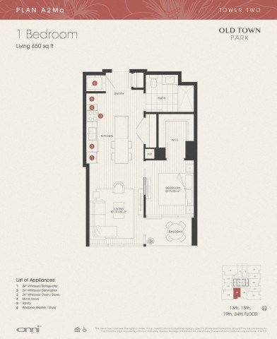 Floor plan for 1 bed, 1 bath, 650 sqft