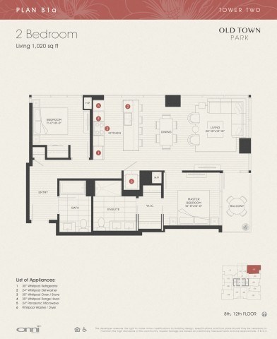 Floor plan for 2 beds, 1 bath, 1020 sqft