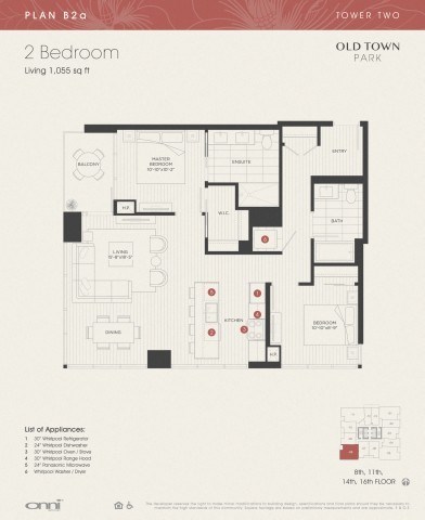 Floor plan for 2 beds, 2 baths, 1055 sqft