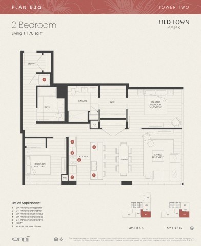 Floor plan for 2 beds, 2 baths, 1170 sqft
