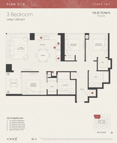 Floor plan for 3 beds, 2 baths, 1235 sqft