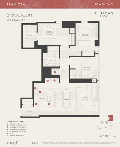 Floor plan for 3 beds, 2 baths, 1265 sqft
