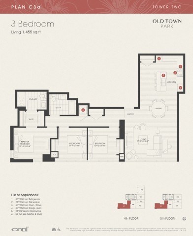 Floor plan for 3 beds, 2 baths, 1455 sqft